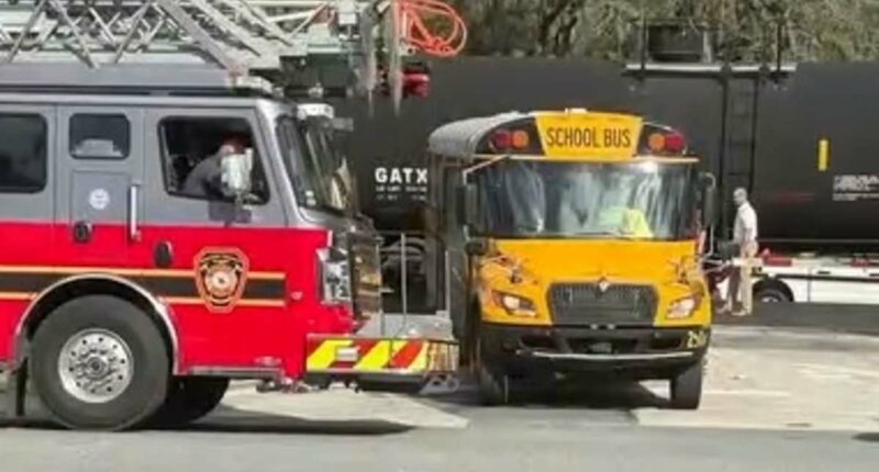 School bus driver steers vehicle packed with kids into path of train