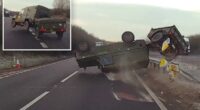 Shocking moment UK military vehicle flips and rolls on highway to avoid swerving car