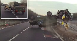 Shocking moment UK military vehicle flips and rolls on highway to avoid swerving car