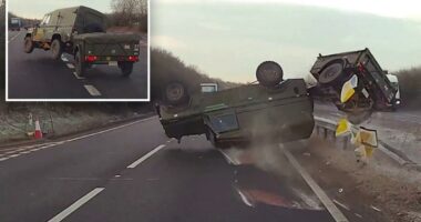 Shocking moment UK military vehicle flips and rolls on highway to avoid swerving car