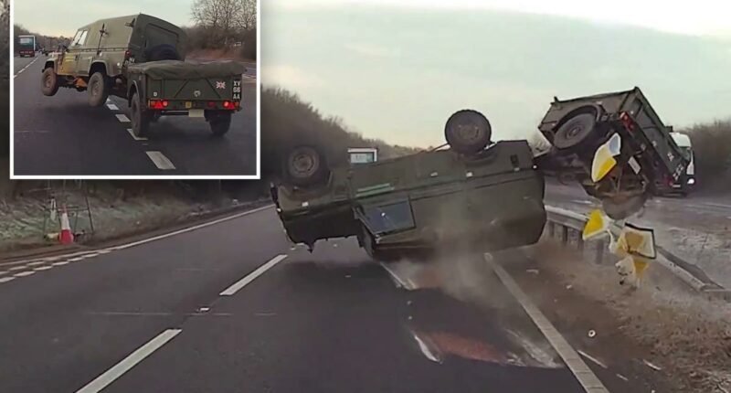 Shocking moment UK military vehicle flips and rolls on highway to avoid swerving car