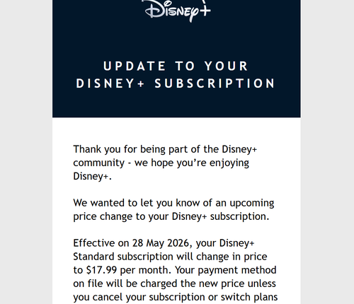 Disney + informed Australian customers of the price change in an email today.