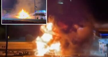 Tanker carrying 9K gallons of gas erupts in flames after hitting power lines in Texas