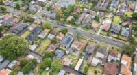 West Ryde residential suburbs of city of Ryde local streets and shopping villages in aerial top down no sky view.