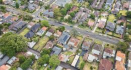 West Ryde residential suburbs of city of Ryde local streets and shopping villages in aerial top down no sky view.