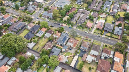 West Ryde residential suburbs of city of Ryde local streets and shopping villages in aerial top down no sky view.