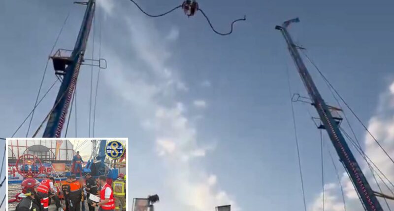 Terrifying moment slingshot ride snaps midair at Spanish fair