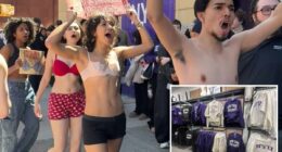 Ultra-woke NYU students strip to their skivvies to protest school merch they claim is made with sweatshop labor