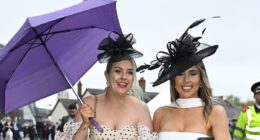 We're singin' in the rain! Aintree revellers dodge the drops in skirts