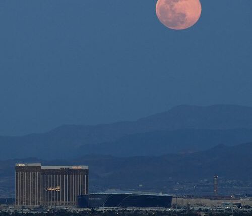 LAS VEGAS, NEVADA - APRIL 07:  The super pink moon, the biggest supermoon of the year, rises over (L-R) Delano Las Vegas at Mandalay Bay Resort and Casino, Mandalay Bay Resort and Casino, the under construction Allegiant Stadium and McCarran International Airport on April 7, 2020 in Las Vegas, Nevada. The pink moon got its name because the April full moon occurs at the same time as the pink wildflower Phlox subulata blooms in North America. A supermoon occurs when a full moon coincides with its