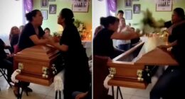 Wild video captures women brawling across coffin at funeral after learning they both dated the dead man