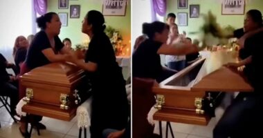Wild video captures women brawling across coffin at funeral after learning they both dated the dead man