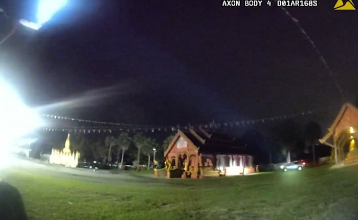 Body camera video shows suspect speed away after Sanford Buddhist temple fire