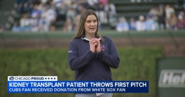 Chicago Cubs fan who got kidney from White Sox fan after viral sign throws out first pitch at Wrigley Field