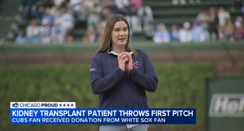 Chicago Cubs fan who got kidney from White Sox fan after viral sign throws out first pitch at Wrigley Field