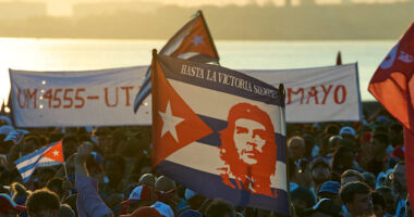 Cuba's electric and petroleum workers celebrate their colleagues during massive rally