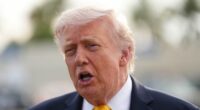 President Donald Trump talks to reporters before he boards Air Force One at Palm Beach International Airport in West Palm Beach, Fla., Saturday May 2, 2026, en route Miami. (AP Photo/Matt Rourke)