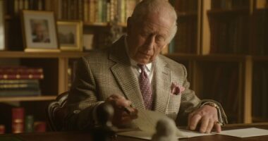 First class! Sir David Attenborough gets a surprise centenary message from King Charles and Queen Camilla - delivered with help from royal pooch