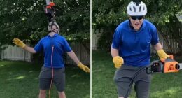 Idaho daredevil dad balanced a running chainsaw on his chin to break world record