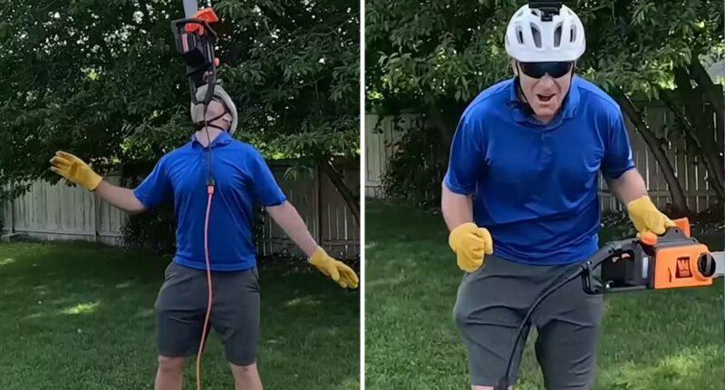 Idaho daredevil dad balanced a running chainsaw on his chin to break world record