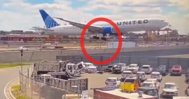 Moment United flight hits light pole and truck while landing