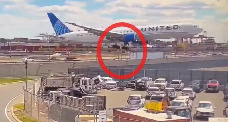 Moment United flight hits light pole and truck while landing