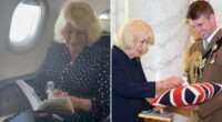 Queen Camilla reunites baby Roo with long-lost friends - as sweet footage captures Her Majesty onboard flight to US with bespoke replica of historic toy