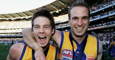 Reformed AFL bad boy Ben Cousins and former Eagles skipper Chris Judd reunite in Perth after travelling VERY different paths following their premiership success