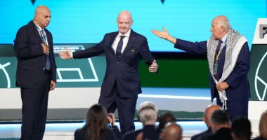 Remarkable moment FIFA's blundering president Gianni Infantino tries - and fails - to get Israel and Palestine football chiefs to shake hands on stage