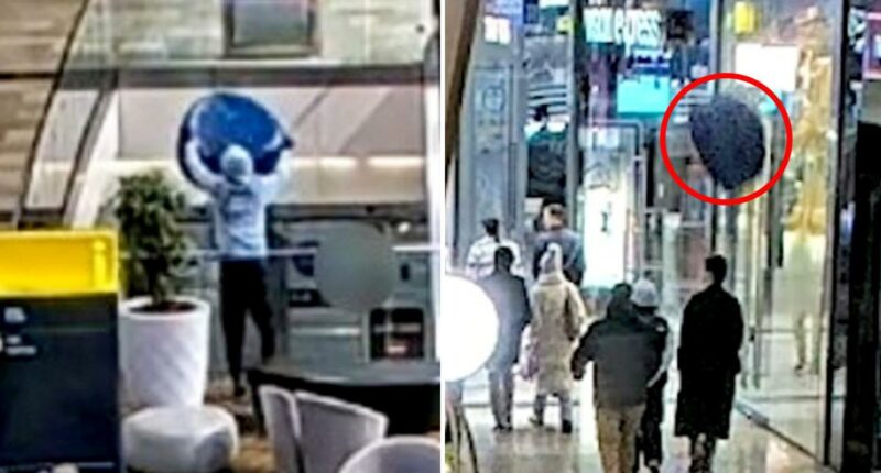 Shocking moment teen throws 30-pound chair from top floor shopping mall