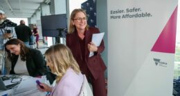 Premier Jacinta Allan talks with media, 2026/2027 Victorian state budget lock up. 5th of May 2026, The Age news Picture by JOE ARMAO