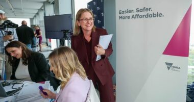 Premier Jacinta Allan talks with media, 2026/2027 Victorian state budget lock up. 5th of May 2026, The Age news Picture by JOE ARMAO