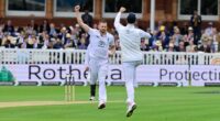 Gus Atkinson celebrates taking the final New Zealand wicket, that of Matt Henry, to lead England to a five-wicket victory at Lord's at 12.42pm on Sunday