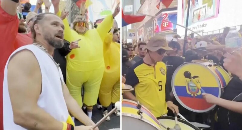 Ecuador and Germany fans ignite Times Square battle of the bands ahead of match-up