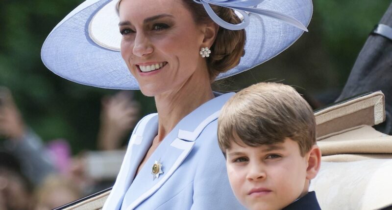 It's a family affair! Princess Kate dressed in a stunning blue Catherine Walker outfit joins the King and Prince William at Trooping the Colour alongside George, Louis and Charlotte