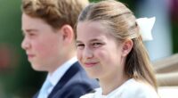 Kate's mini-me! Princess Charlotte, 11, matches her mother in a white and blue dress as they travel together during the King's birthday parade