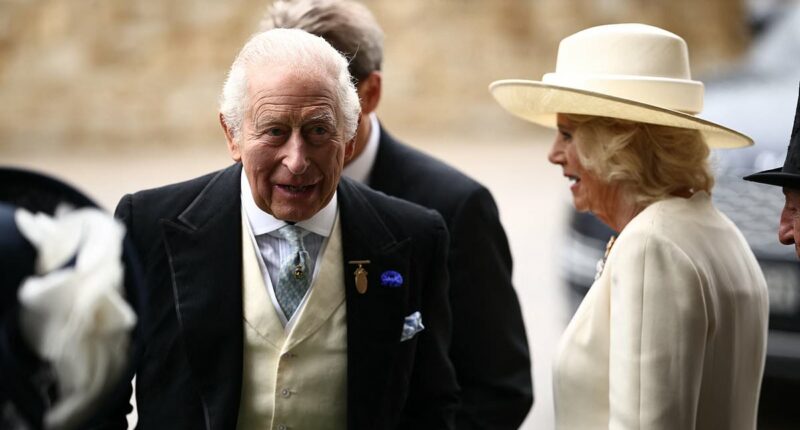 King Charles and Queen Camilla arrive at Epsom by helicopter as they make quick getaway from Peter Phillips' wedding