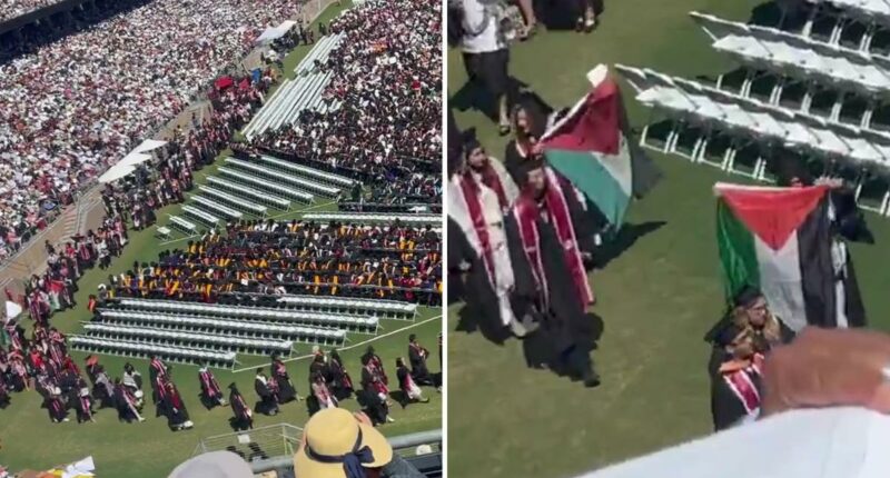 Mass protest at Stanford University graduation as soon as Google CEO Sundar Pichai takes the stage