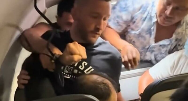 Nightmarish moment Frontier flight passengers had to restrain madman who tried to open jet's doors in mid-air and burst into cockpit
