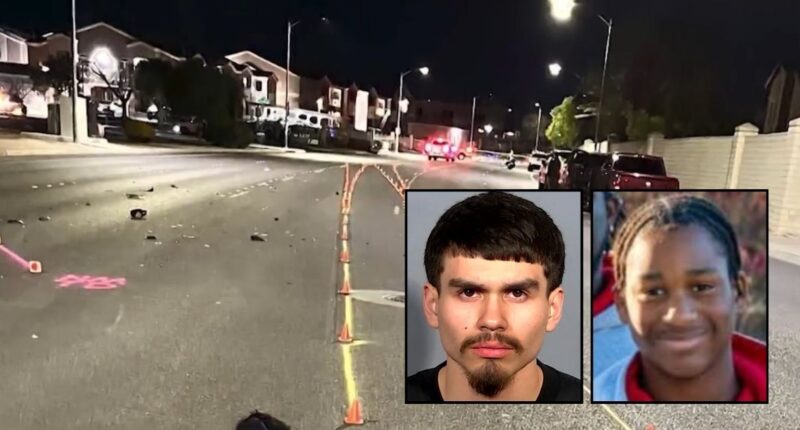 Left inset: Jesus Barraza (Las Vegas Metropolitan Police Department). Right inset: Devin Heath (KLAS/YouTube). Background: The area in Las Vegas where Jesus Barraza struck and killed Devin Heath while drag racing (KLAS).