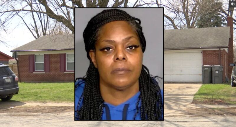 Inset: Reba L. Wilson (Marion County Jail). Background: The Indiana home where Wilson shot at a repairman in March 2024.