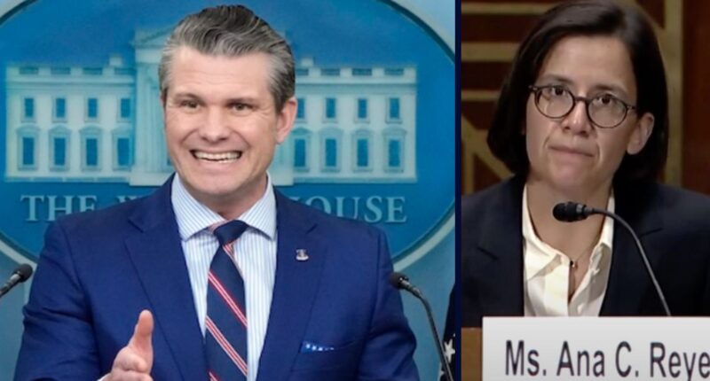 Left: Defense Secretary Pete Hegseth speaks in the James Brady Press Briefing Room at the White House, Thursday, Jan. 30, 2025, in Washington (AP Photo/Alex Brandon). Right: U.S. District Judge Ana C. Reyes during her confirmation hearings in June 2022 (U.S. Senate/YouTube).