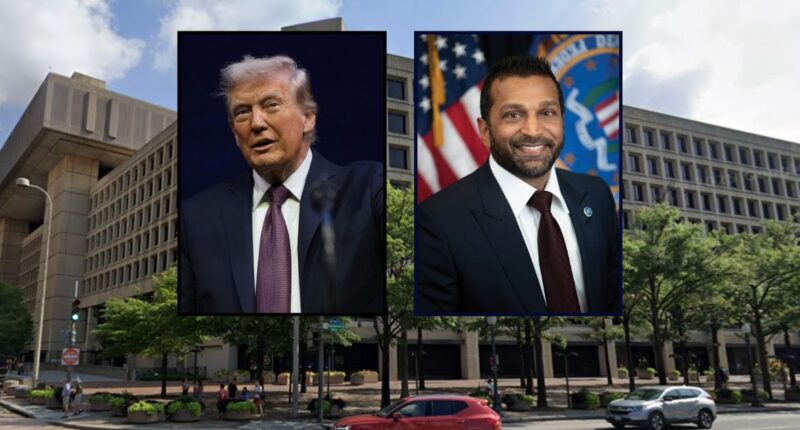 Donald Trump and Kash Patel appear inset against an image of the FBI headquarters.