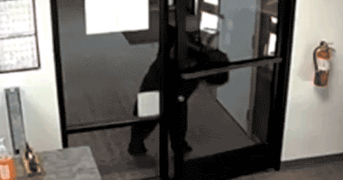 Black bear pushes open the front door of the Crestline Village Water District office