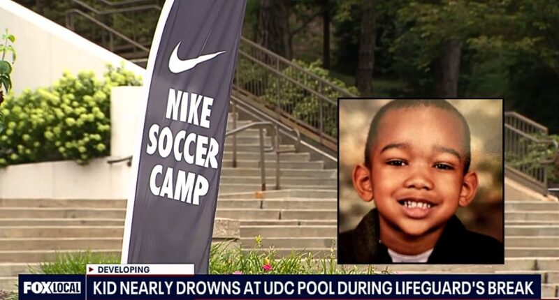 Inset: Adonis Jackson. Background: The University of the District of Columbia campus where Adonis Jackson was attending Nike Soccer Camp when he almost drowned, his family says (WTTG/YouTube).