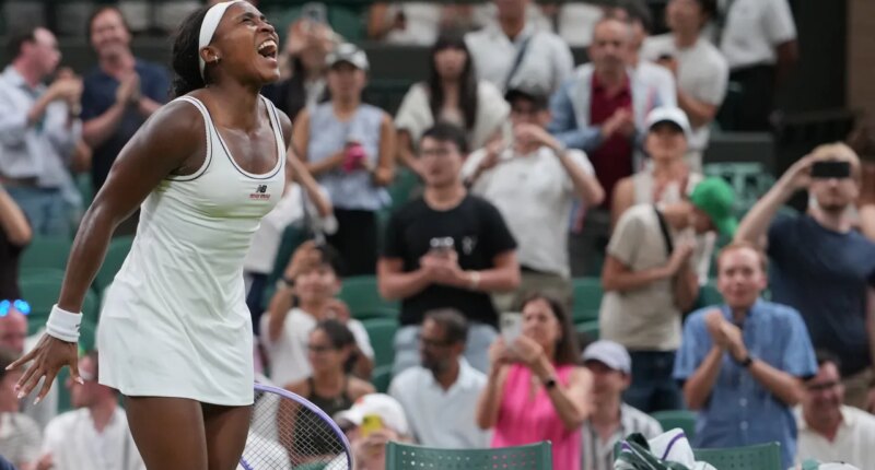 Coco Gauff of the United States reacts after winning against Belinda Bencic of Switzerland in their fourth round women's singles match at the Wimbledon Tennis Championships in London, Sunday, July 5, 2026. (AP Photo/Kin Cheung)