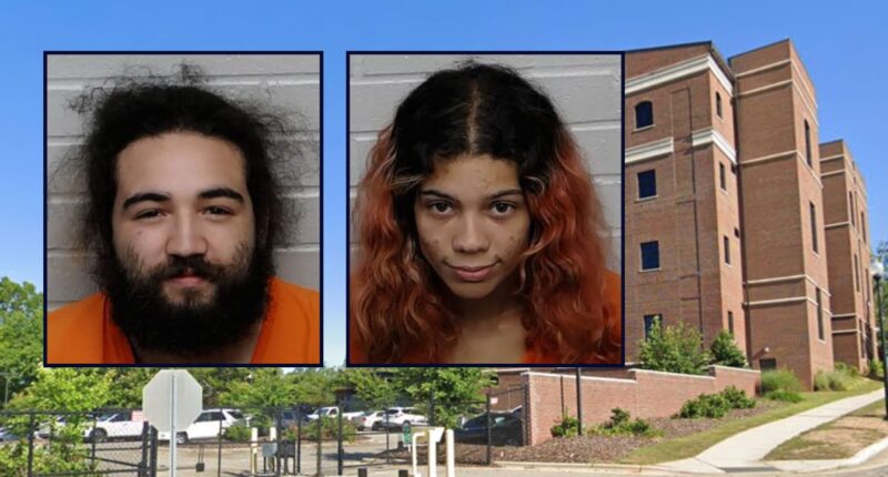 Leon Alejandro, Jr. and Samantha Angeline Feliz appear in booking photos inset against an image of a jail in North Carolina.