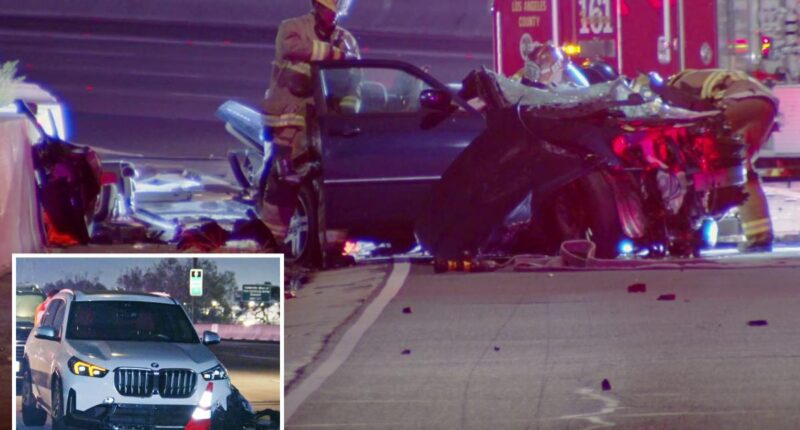 Horrific wrong-way crash in California kills one and leaves car a mangled wreck on 405 Freeway