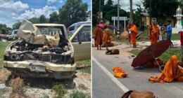 Horrifying video shows monks being mowed down by 11-year-old boy driving dad's pickup
