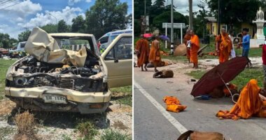 Horrifying video shows monks being mowed down by 11-year-old boy driving dad's pickup